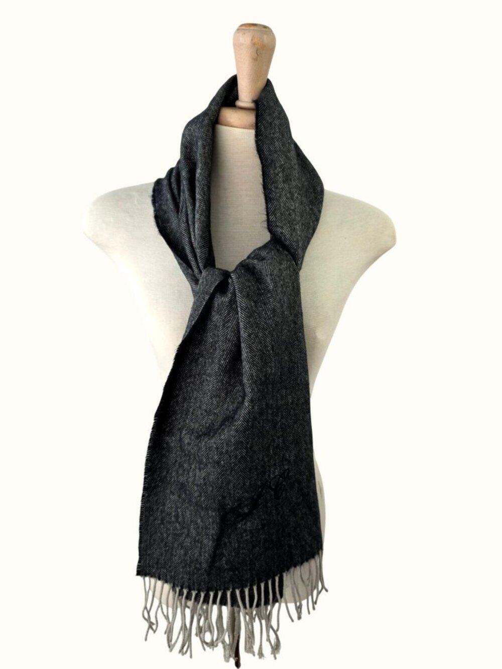 Vintage Wool Herringbone Scarf Wrap Black Gray Monogram JC Fringed Unisex 64x12